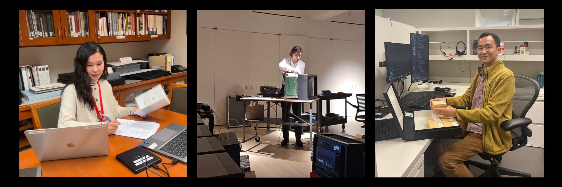 Triptych showing, from left to right: woman working on two laptops, disc-imaging an optical disc; a man conducting CRT maintenance on a television monitor; a man working at a desk with multiple computers, ingesting time-based media.