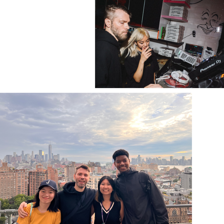 (Above) Snell DJing with a Class of 2025 student; (Below) Snell (second from left) with fellow Class of 2023 classmates in New York